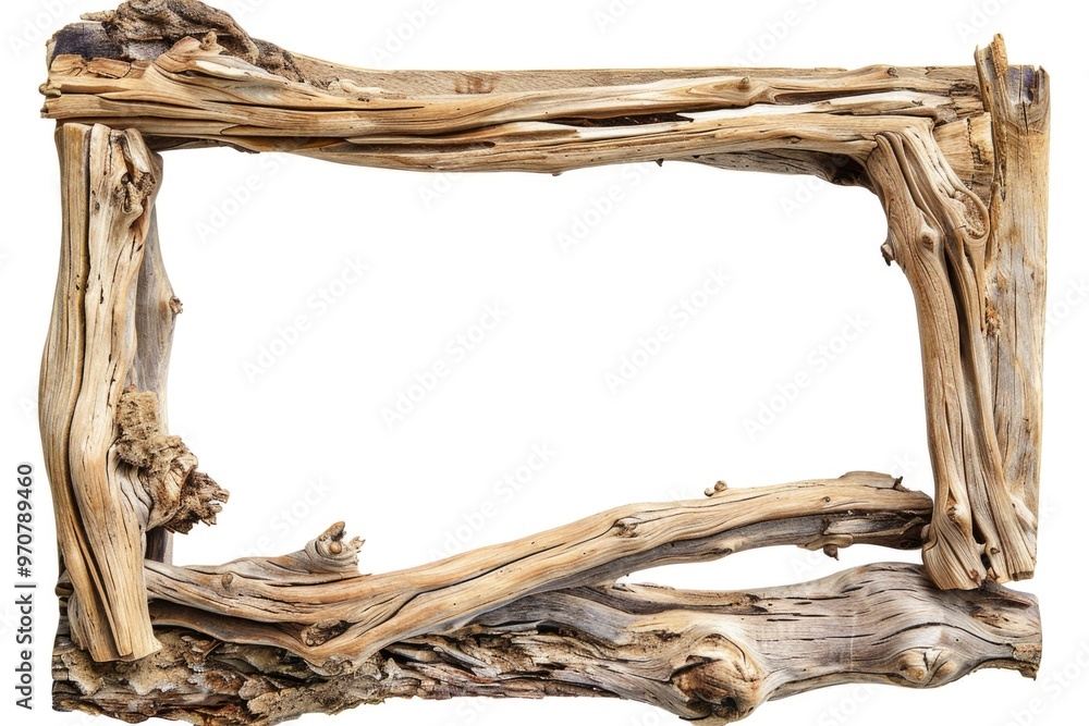 Handcrafted wooden frame for holding photos or artwork, made from weathered driftwood pieces Handcrafted wooden frame for holding photos or artwork, made from weathered driftwood pieces