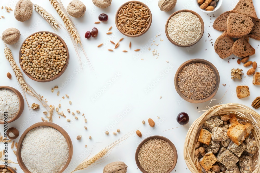 Assorted Whole Grains, Nuts, and Cookies on White Background
Assorted Whole Grains, Nuts, and Cookies on White Background