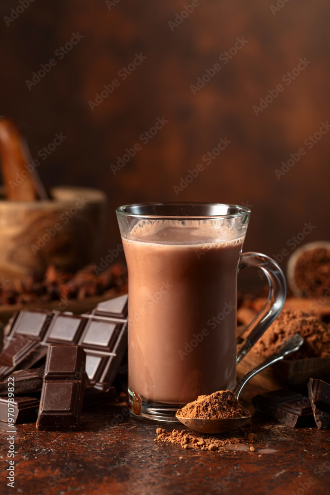 Glass of cocoa drink with ingredients on a brown table. Glass of cocoa drink with ingredients on a brown table.