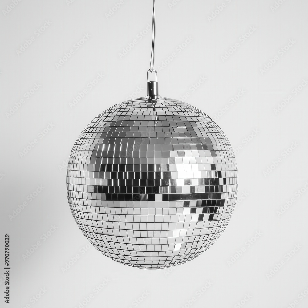 Fototapeta premium Silver disco mirror ball against white background for party decor and event design