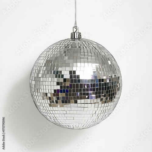 Silver disco ball sparkling against white background for party decor and design