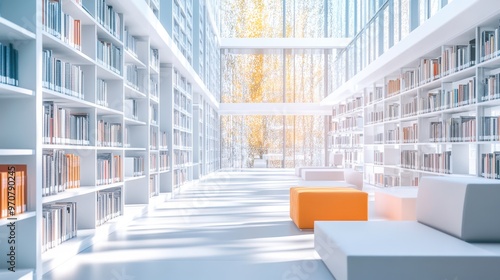 Modern library or bookstore interior with Learning and coworking space,relax zone,Library with rows of bookshelves arranged,school,university,shared desk and chairs,panoramic window.