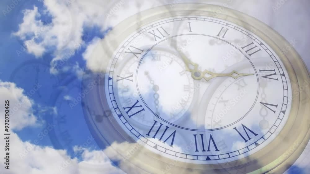 Animation of clocks moving over clouds on blue sky Animation of clocks moving over clouds on blue sky