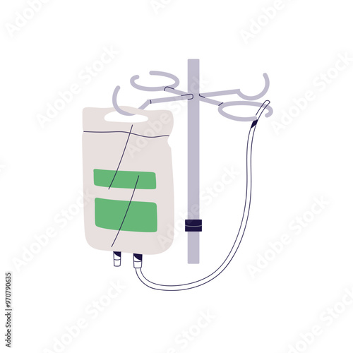 IV drip with tube hanging on stand. Dropper bag with remedy. Hydration infusion in drop counter. Medical dripper. Therapy, hospital aid sign. Flat isolated vector illustration on white background