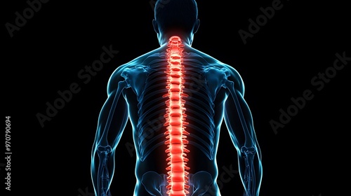 Wallpaper Mural A man's back with the spine highlighted in red, indicating pain or discomfort in the neck and lower back region Torontodigital.ca