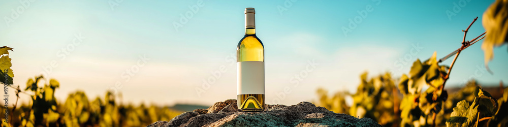 White wine mock-up. A bottle of white wine on a rock in a vineyard with an empty label White wine mock-up. A bottle of white wine on a rock in a vineyard with an empty label