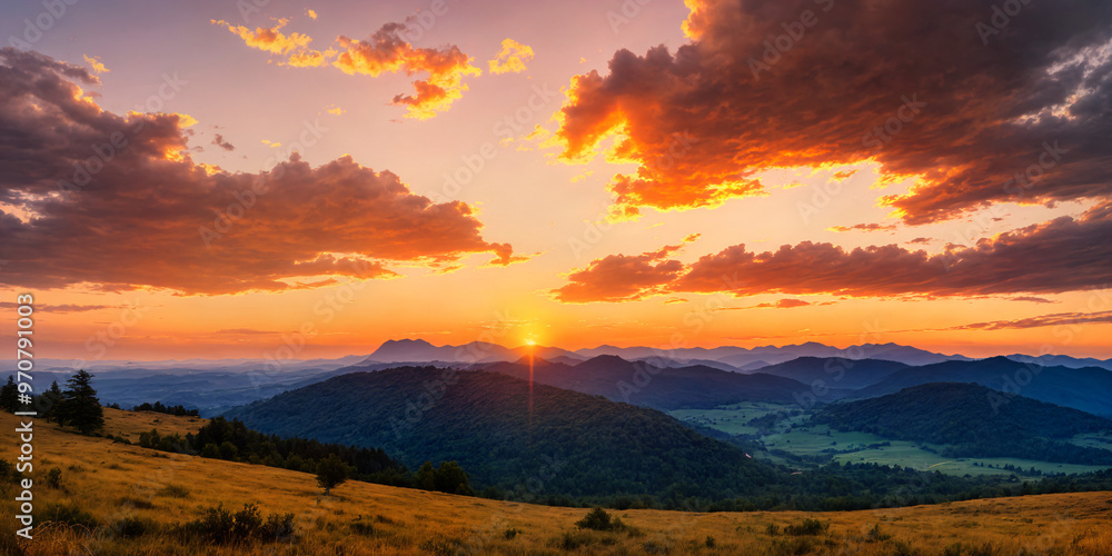 Obraz premium Golden hour sunset over mountain peaks, with calm orange skies and tranquil light creating a peaceful atmosphere perfect for capturing the serene beauty of nature during summer’s relaxing moments