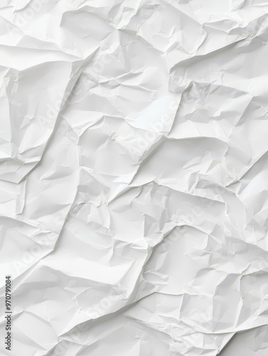 Gray crumpled paper texture on white background, minimalist rough surface