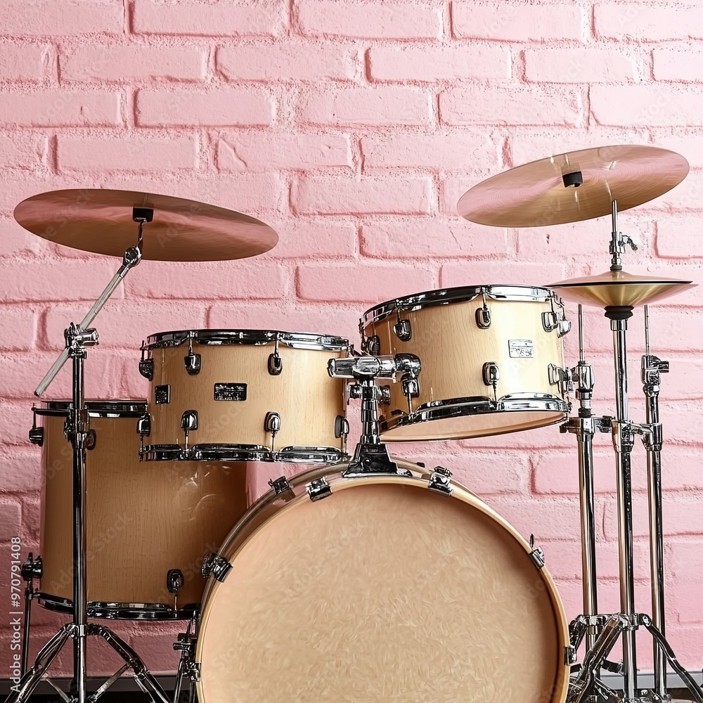 Obraz premium Retiro drum set on pink brick background.