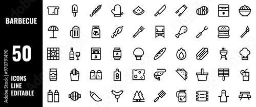 50 Barbecue Icons Set Pack Line Editable Vector Illustration