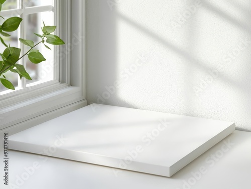 Empty white table top with shadow, perfect for product photography and minimalist designs.