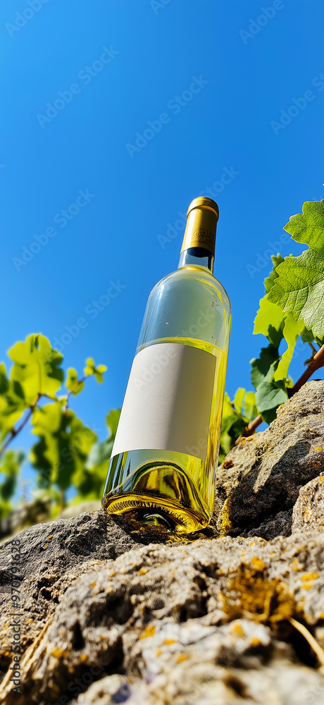 White wine mock-up. A bottle of white wine on a rock in a vineyard with an empty label White wine mock-up. A bottle of white wine on a rock in a vineyard with an empty label