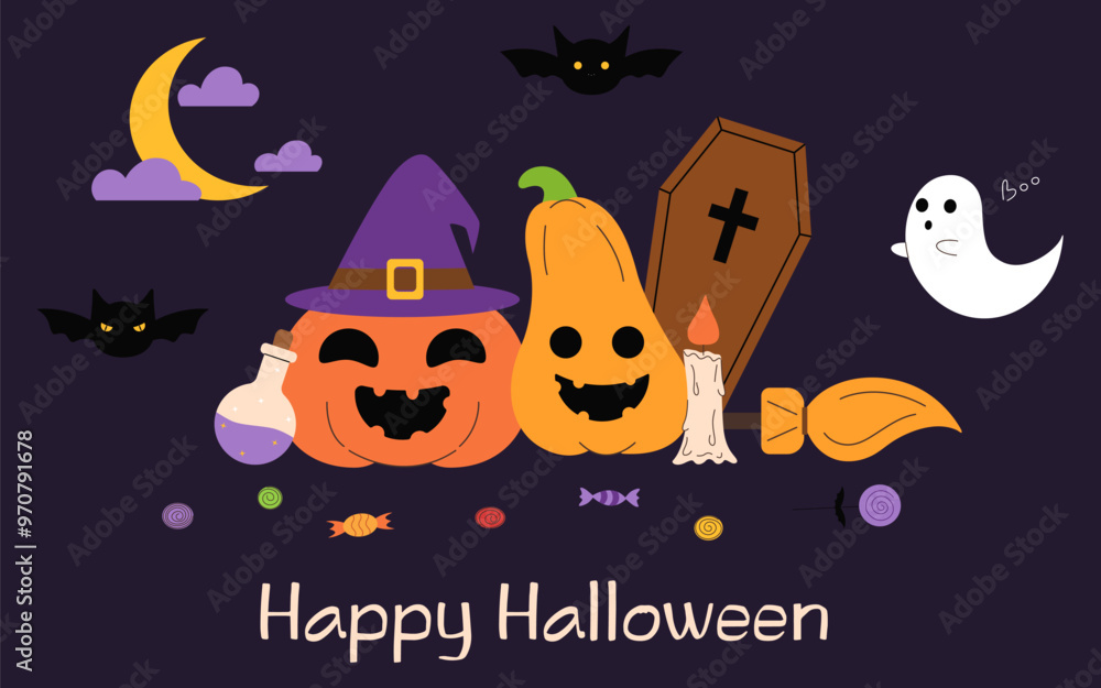 Halloween greeting card with different cute cartoon objects: pumpkin, ghost, bats, potions, candle, candies on dark background. Vector halloween card, banner or poster template Halloween greeting card with different cute cartoon objects: pumpkin, ghost, bats, potions, candle, candies on dark background. Vector halloween card, banner or poster template