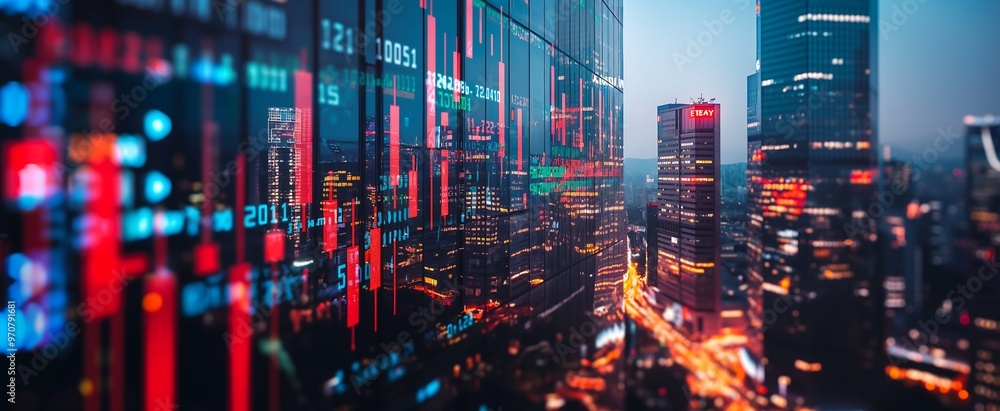 Fototapeta premium Silhouettes of skyscrapers with superimposed stock market graphs. photo, professional color grading, soft shadows, no contrast, highly detailed, clean sharp focus