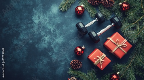 Christmas gift boxes gym workout dumbbells tree branches and decorations. Exercise equipment as present idea. Sport gifts flat lay composition with copy space. Healthy fitness winter holiday season.