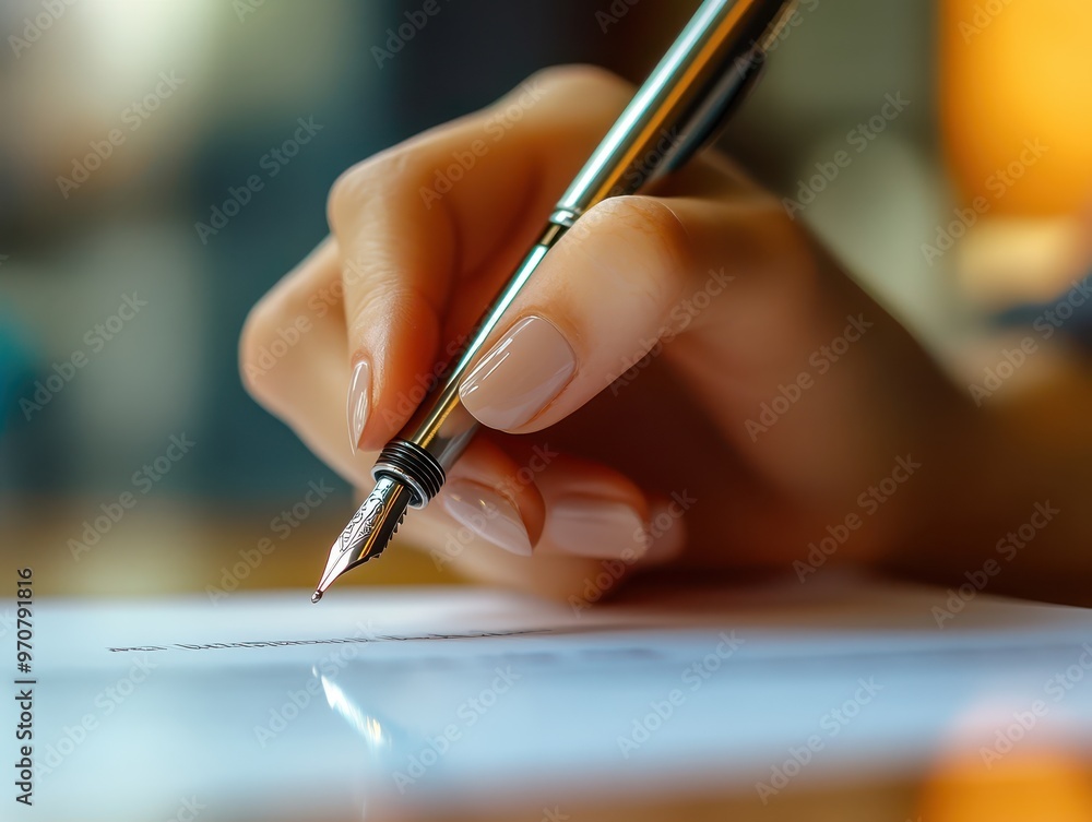 Closeup of a hand holding a pen, ready to sign a contract at the negotiation table, signing agreement, final stage of negotiation Closeup of a hand holding a pen, ready to sign a contract at the negotiation table, signing agreement, final stage of negotiation
