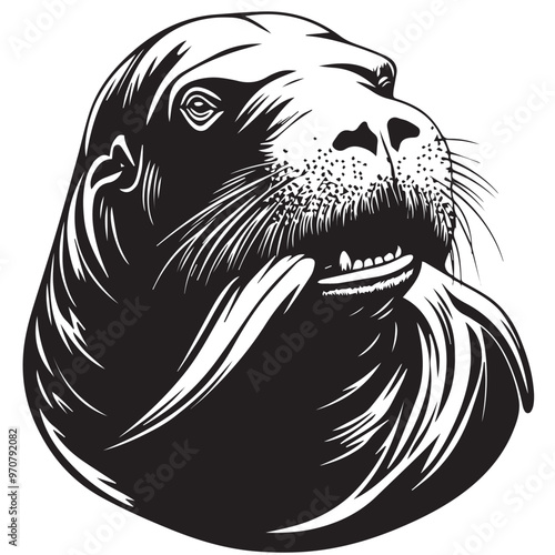 Walrus in cartoon, doodle style . Image for t-shirt, web, mobile apps and ui. Isolated 2d vector illustration in logo, icon, sketch style, Eps 10, black and white. AI Generative