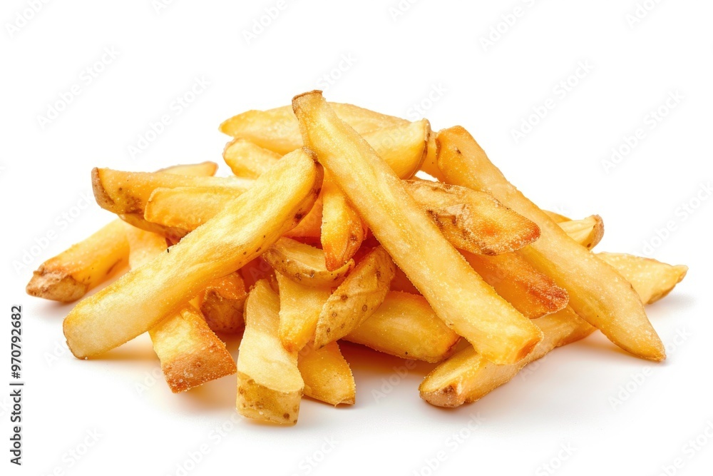 A pile of crispy french fries on a clean white surface, perfect for food photography or as a prop in your next creative project