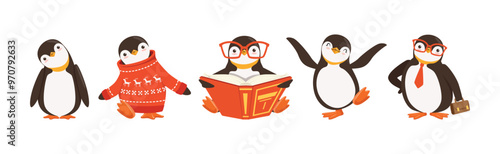 Cute Penguin Character Engaged in Different Activity Vector Set