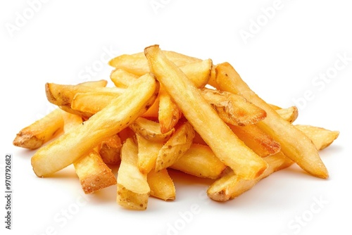 A pile of crispy french fries on a clean white surface, perfect for food photography or as a prop in your next creative project photo