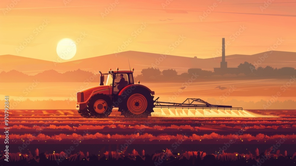 Fototapeta premium irrigation tractor driving spraying or harvesting an agricultural crop at sunset with information infographic data datum as banner design for agriculture industry and food supply production concepts