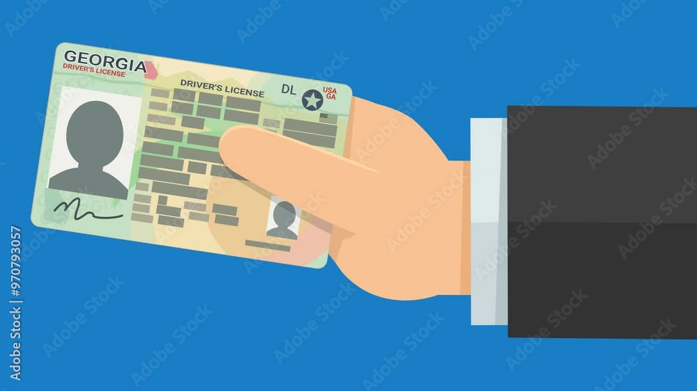 A hand presents a driver's license from the US state of Georgia from the right on blue background (flat design) A hand presents a driver's license from the US state of Georgia from the right on blue background (flat design)