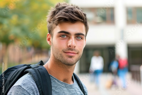 A person outdoors, gazing directly into the lens, carrying a pack on their back