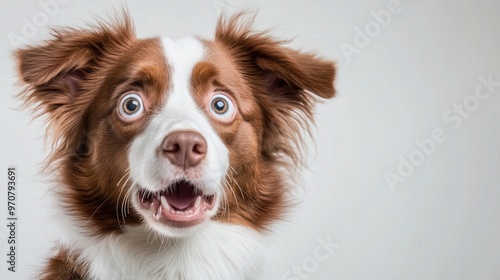 Surprised australian shepherd dog with big eyes - pet photography for design and greeting cards