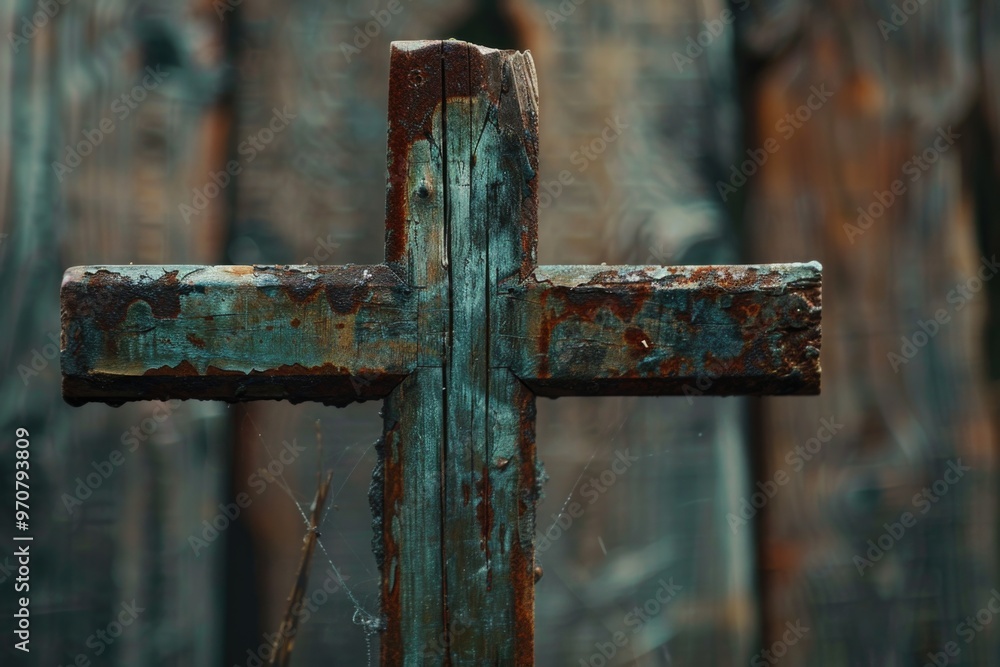 A weathered wooden cross with rusty paint, great for depicting decay and abandonment A weathered wooden cross with rusty paint, great for depicting decay and abandonment