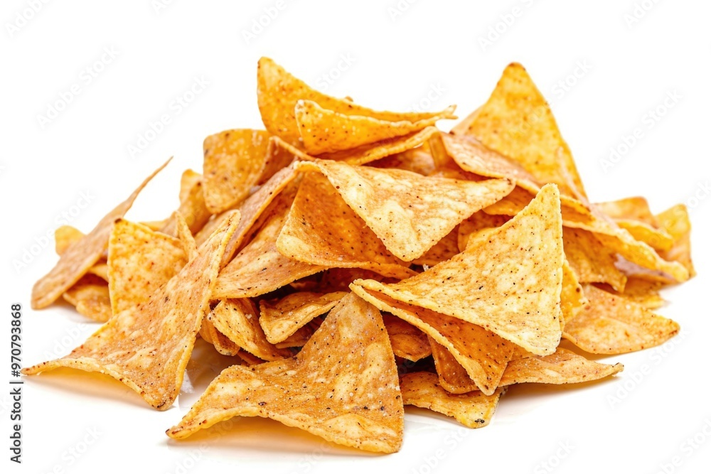 A stack of crispy tortilla chips arranged neatly on a clean white surface A stack of crispy tortilla chips arranged neatly on a clean white surface