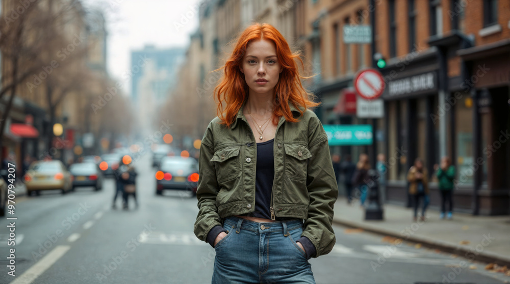 Fototapeta premium Confident redhead woman in urban setting, wearing olive jacket and jeans, standing on city street with intense gaze, embodying modern fashion and individuality