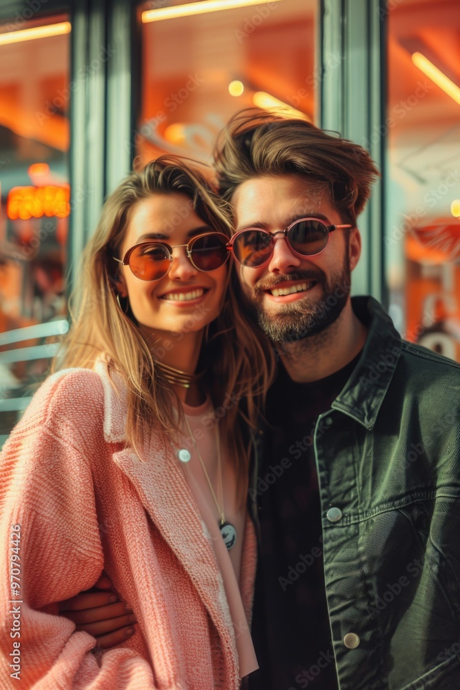 A man and a woman stand side by side, looking in the same direction A man and a woman stand side by side, looking in the same direction