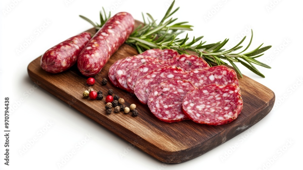 Spanish Fuet sausage salami with rosemary and pepper on a wooden cutting board isolated. Spanish Fuet sausage salami with rosemary and pepper on a wooden cutting board isolated.