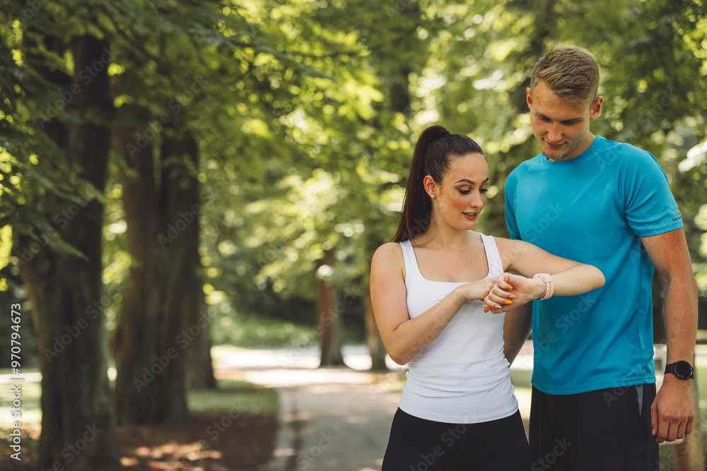 A young couple in athletic wear checking a smartwatch while jogging in a park. The woman is wearing a white tank top and black leggings, while the man is in a blue t-shirt and black shorts. They appea A young couple in athletic wear checking a smartwatch while jogging in a park. The woman is wearing a white tank top and black leggings, while the man is in a blue t-shirt and black shorts. They appea
