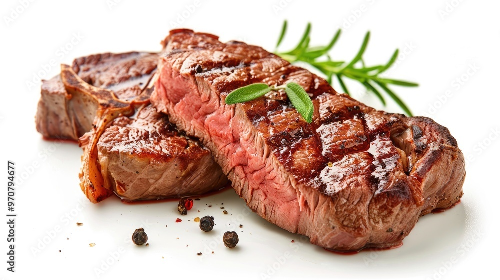 A juicy piece of grilled steak served with a fragrant sprig of fresh rosemary A juicy piece of grilled steak served with a fragrant sprig of fresh rosemary