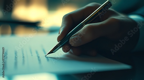 A close-up of a hand holding a pen, poised over a sheet of paper, perfect for themes of writing, business, and communication.