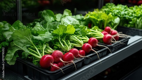 A display of colorful radishes (Raphanus sativus) with their bright red bulbs and green leaves photo