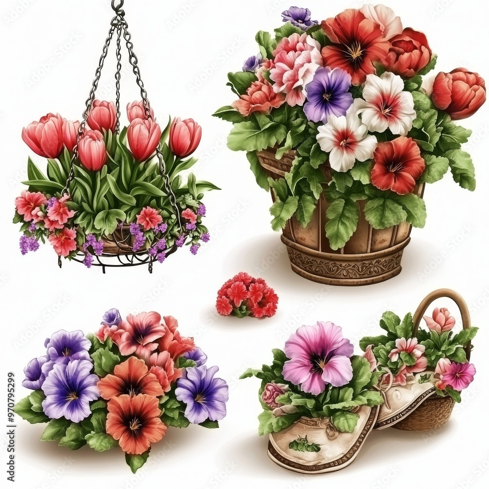 A set of Petunias and Tulips bud flowers with examples of how to use them in baskets, buckets, and pots. Modern illustration in a cartoon, realistic style. A set of Petunias and Tulips bud flowers with examples of how to use them in baskets, buckets, and pots. Modern illustration in a cartoon, realistic style.