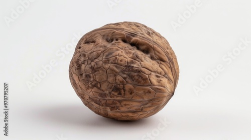 Close-up of a single walnut shell on a white background, suitable for use in food or nature-related contexts