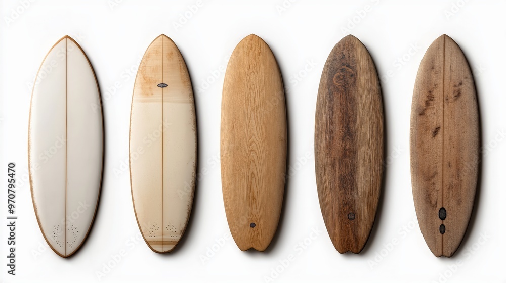 Variety of surfboards with natural and modern designs for surf enthusiasts Variety of surfboards with natural and modern designs for surf enthusiasts