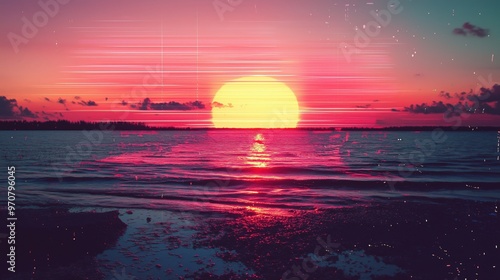 Vhs-style sunset with glitch aesthetic over ocean waves - retro design for posters or digital art