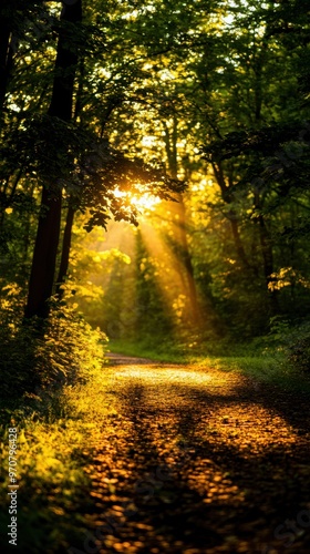 A serene forest pathway illuminated by golden sunlight filtering through the trees, creating a peaceful and enchanting atmosphere.