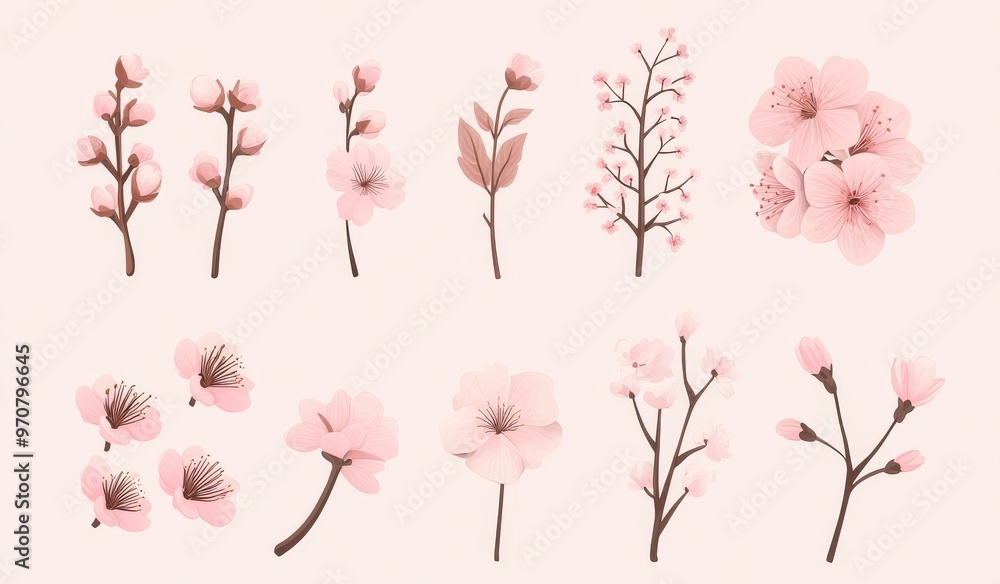 Obraz premium Spring cherry tree blossoms on a blossoming branch, apple, almond, peach or cherry tree blossoms on twigs with pink flowers. Modern illustration for decoration, nature, park, and spring in Asia.