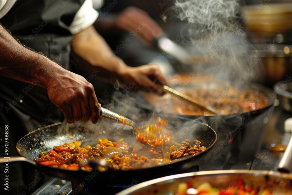 A person cooking food in a pan on a stove A person cooking food in a pan on a stove