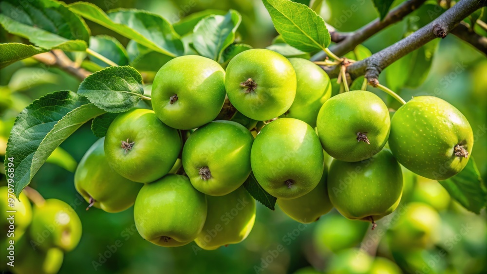 A cluster of small, unripe green apples dangles delicately from the branch, their tender skin glistening with dew A cluster of small, unripe green apples dangles delicately from the branch, their tender skin glistening with dew