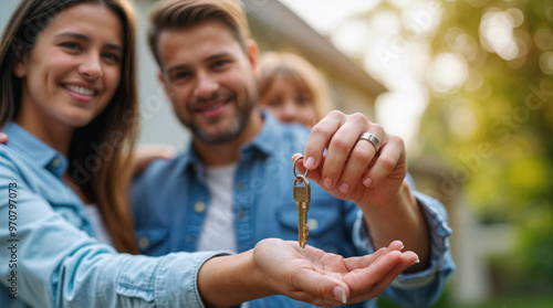 Young family receives house keys, smiling parents and child celebrate new home purchase, joyful moment outside residential property photo