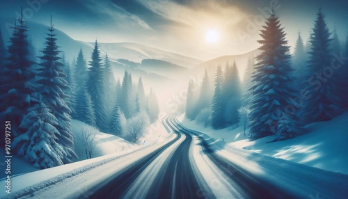 Winding mountain road covered in snow on a frosty winter morning