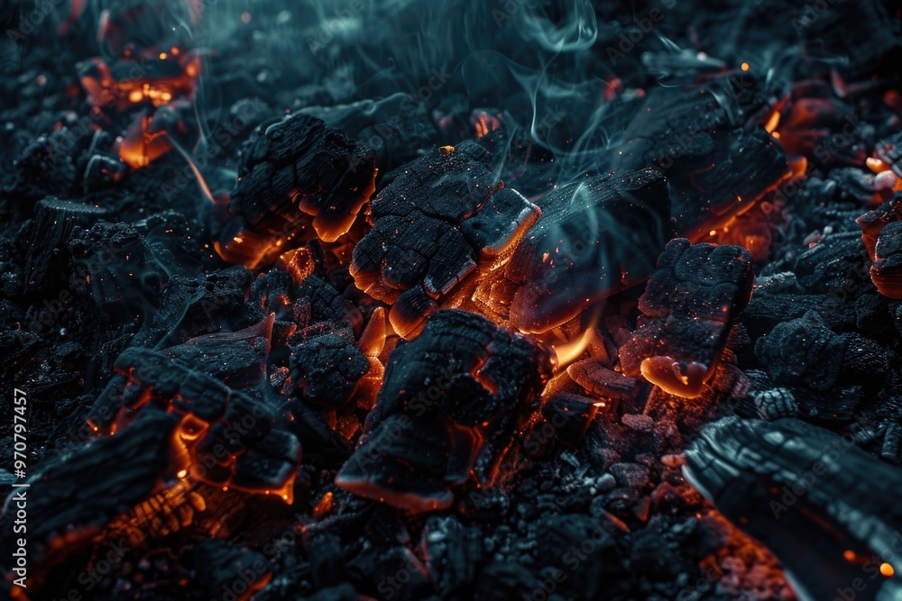 A close-up shot of charcoal and flames, perfect for use in images about camping, outdoor activities, or rustic settings A close-up shot of charcoal and flames, perfect for use in images about camping, outdoor activities, or rustic settings