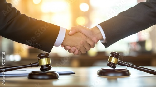 Lawyers Shaking Hands with Gavel in Foreground