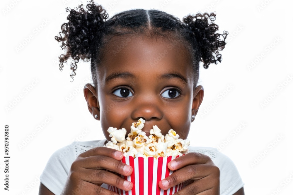 A young child enjoying snack of popcorn without utensils A young child enjoying snack of popcorn without utensils